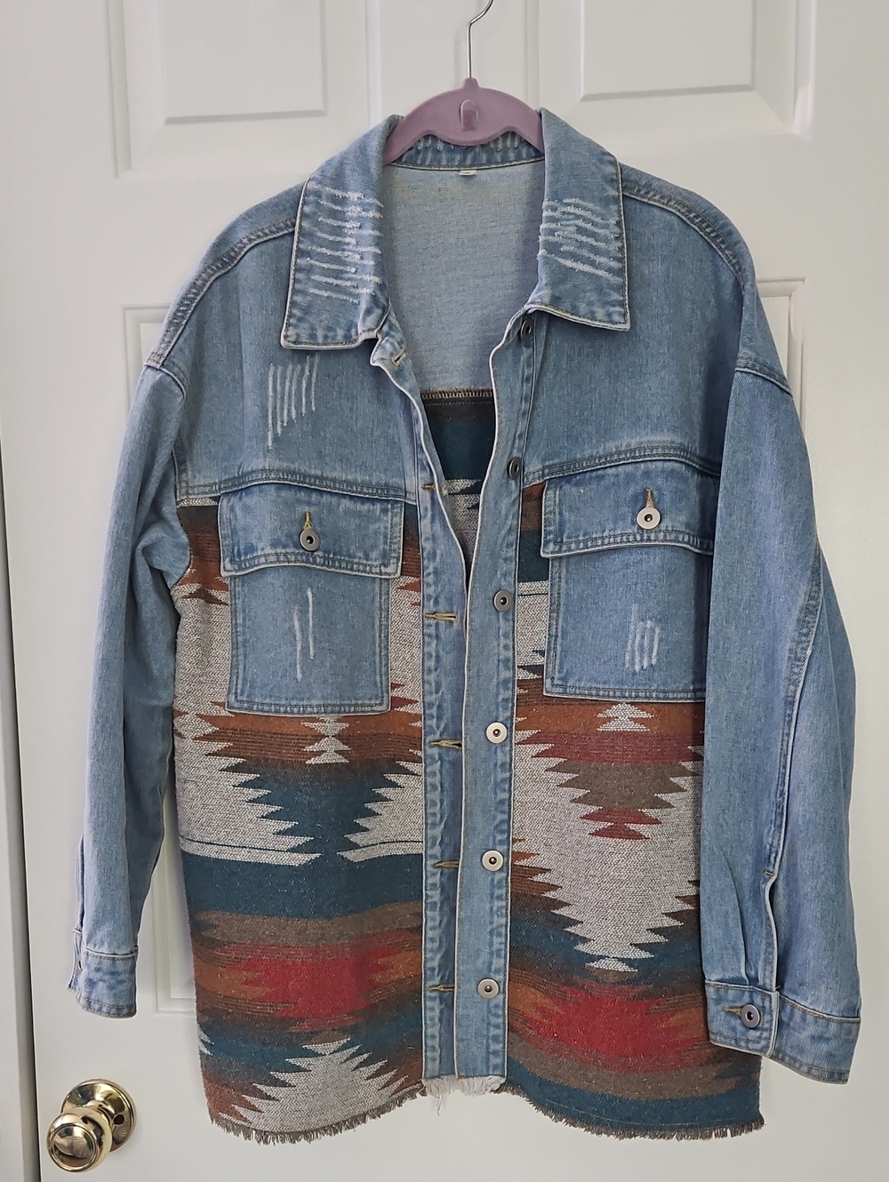 Denim Utility Jacket with Aztec Panel
